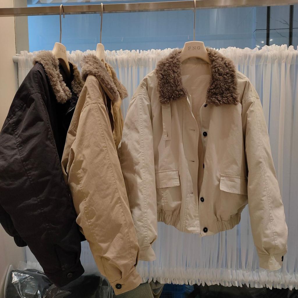 Velvet new Barn style tooling down jacket women's short thickened warm lamb wool collar pie overcome loose coat