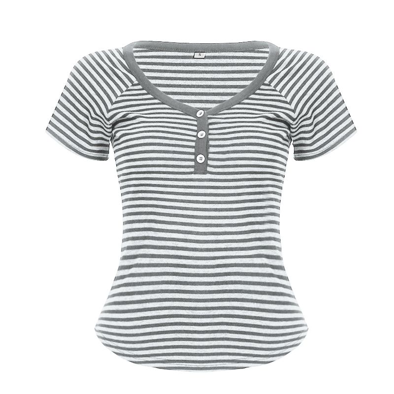

Rockmore [Retro Sexy] Stripes Contrast Color Three Buttons V Neck Silm T-shirt Basic Raglan Short Sleeve Tops Light gray S