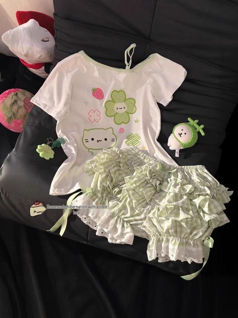 Grün & Weiß Karierter Elastischer Schleifenspitzen-Skort - Niedlich, Vielseitig, Petite, Sommer 2025 Edition