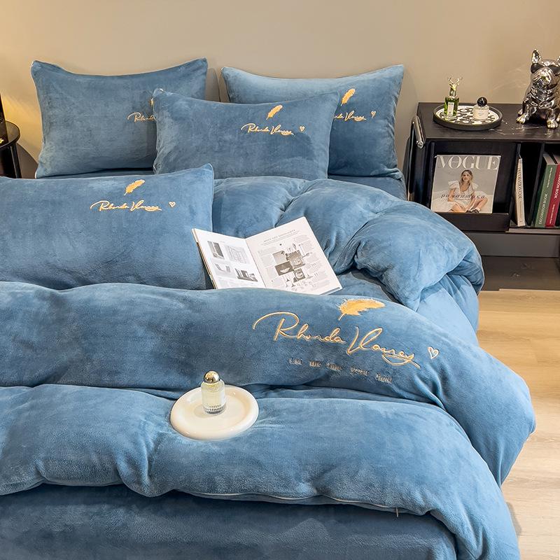Coral Fleece Milk Velvet Winter Bedding Set: Thickened Embroidered Duvet Cover and Bed Sheet for Dorms.