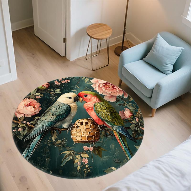 Flower Parrot,Round Area Rug,Carpet Rug for Living Room Bedroom Sofa Playroom Decor,Non-slip Floor Mat