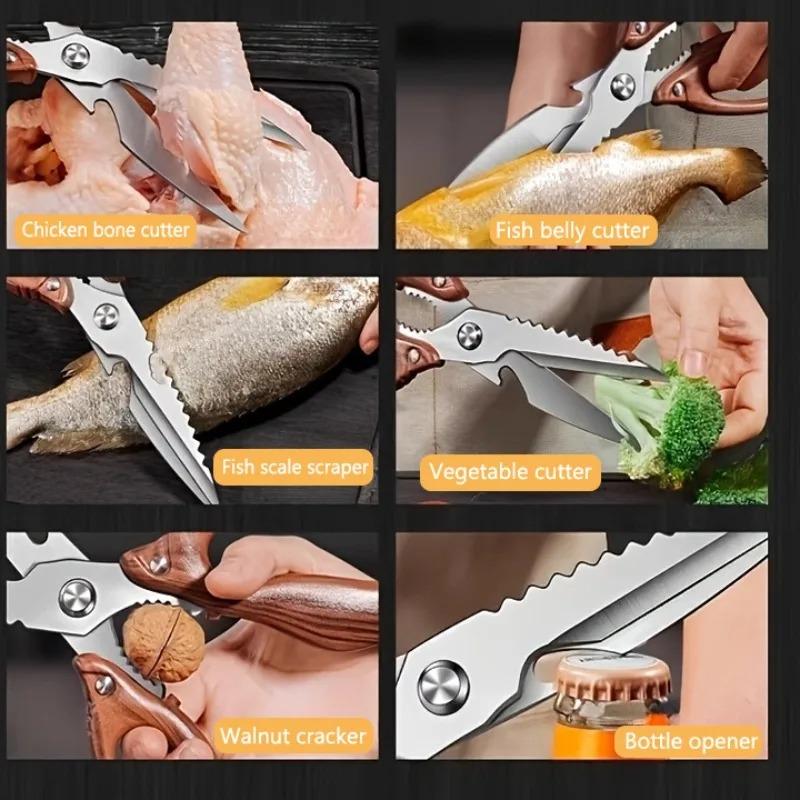 Stainless Steel Kitchen Scissors Acacia-Handled Chicken Bone Shears Multi-Purpose Cutting Meat Fileting Fish Kitchen Shears
