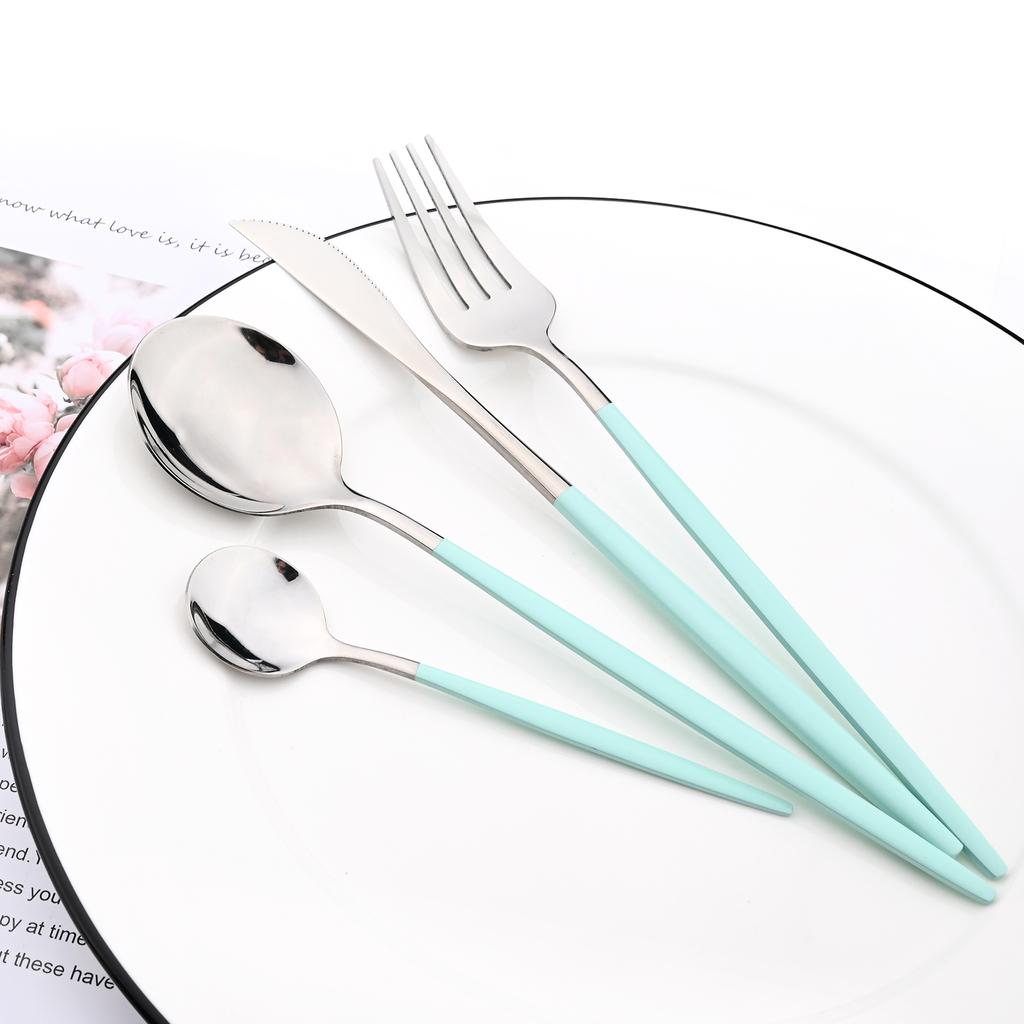 16Pcs Dinnerware Knife Fork Coffee Spoon Cutlery Set  Flatware Stainless Mint Green Gold Steel Silverware Tableware Set