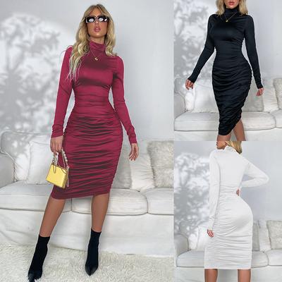 High Neck Ruched Waist Slim Fit Midi Dress, Elegant Long Sleeve Bodycon Dress for Fall