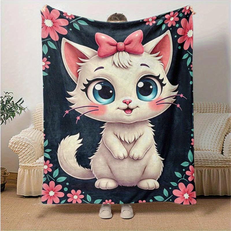 1pc Seasonal Universal Home Decoration Blanket Throw Birthday Gift Cute Cartoon Cat with Pink Bow Flower Frame Room Decorative Coverlet for Couch Bed