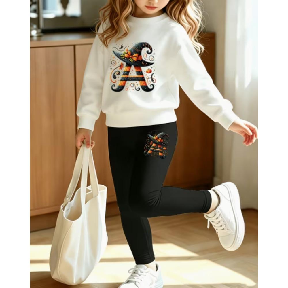 Girls' Halloween Witch Casual Comfortable Soft Loose Pullover Sweatshirt and Leggings 2-Piece Set, New Autumn/Winter, Playful, Sweet and Cool Style