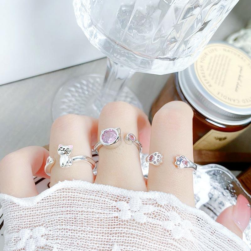 [Pink Meow Ring] Kitten Cat Claw Cartoon Cute Opening Ring Pink Zircon Stacked Wearing Girlfriend Ring Woman