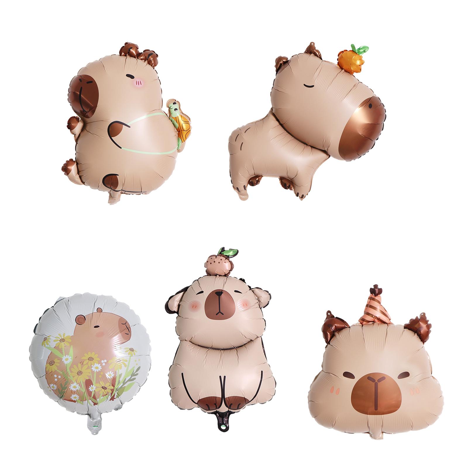 

Набор из 5 фольгированных шаров в виде капибар для украшения вечеринок, дней рождений и торжеств. Шары из алюминиевой пленки.