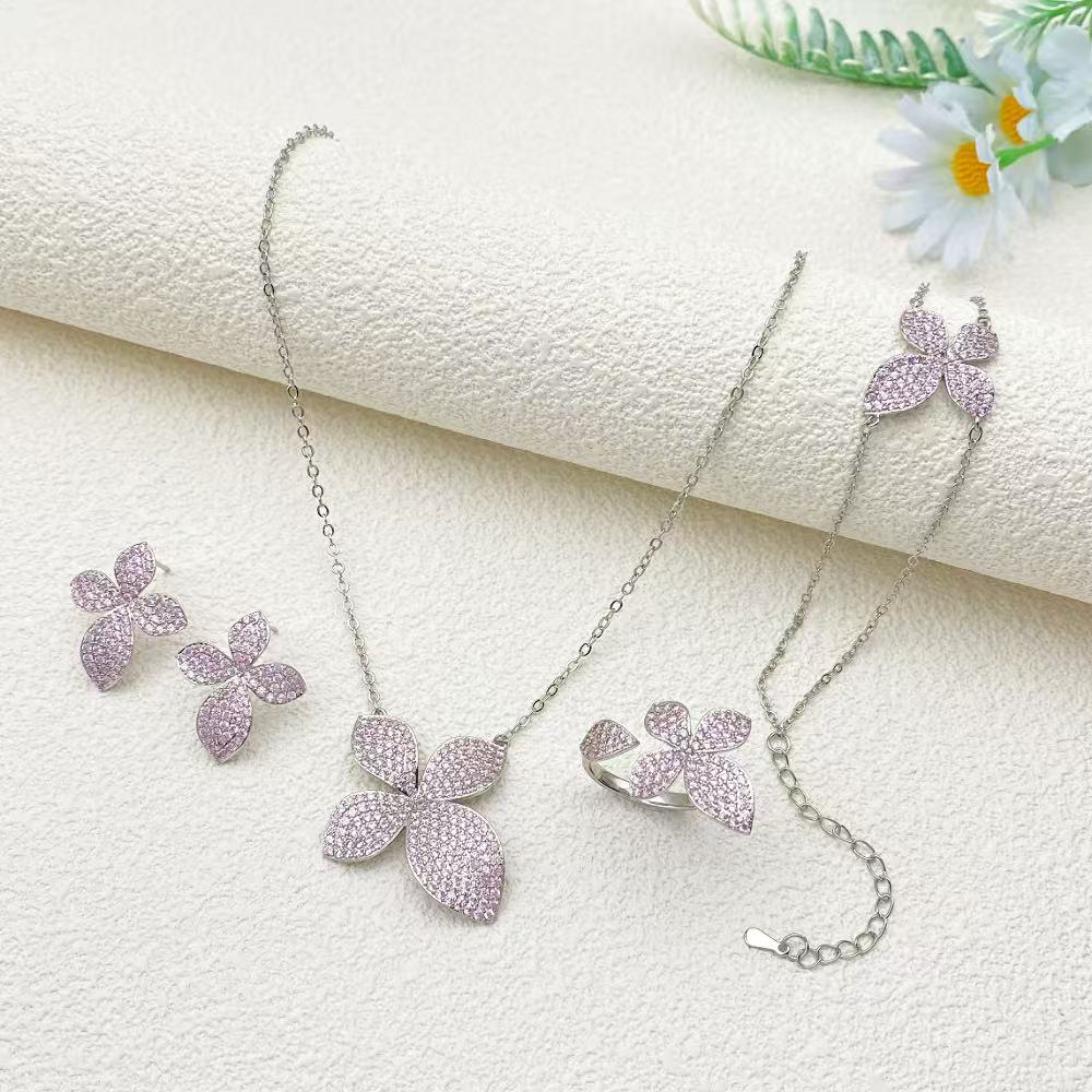 Flora Four Leaf Clover Cubic Zirconia Jewelry Set Plated Copper Bracelet Ring Necklace Earrings Valentine's Day Gift for Her