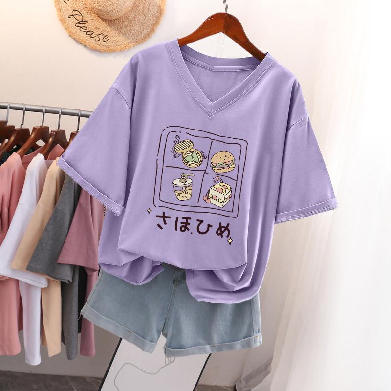 Short-sleeved T-shirt for Women, Large Size, Loose and Slimming, Printed V-neck Top