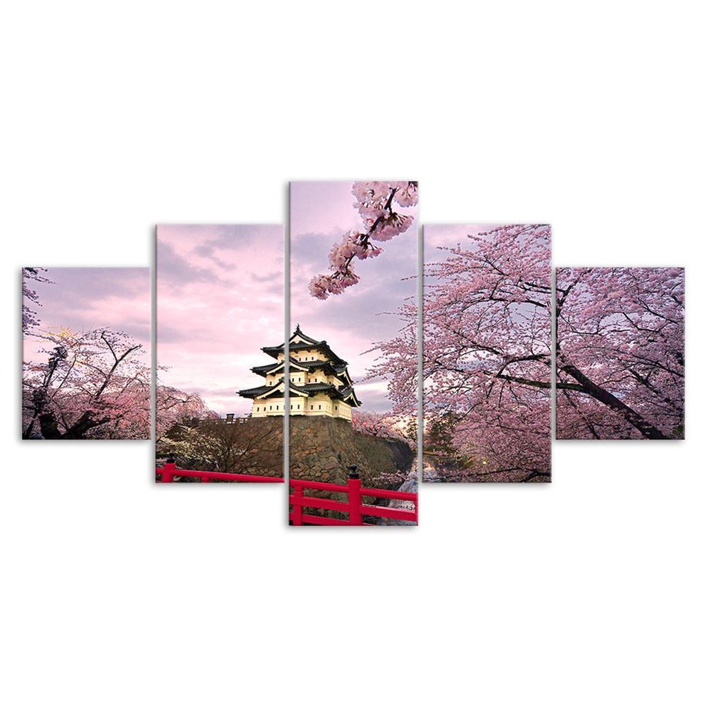 Japan Hirosaki Castle Cherry Blossom 5 Piece Five Panel Wall Canvas Print Modern Art Poster Picture Home Decor Gift For Him For Her