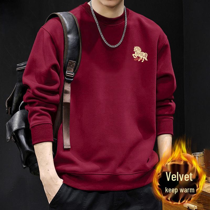 Guochao Men's Oversize Black Hoodie with Round Neck - Warm, Thick, Plus Size for Spring and Autumn.