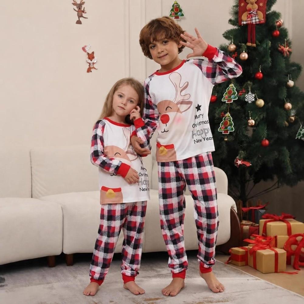 Long Sleeve Christmas Pyjamas Set Plaid Printed Top+Pants Soft Family Matching Pyjamas Adult Kids