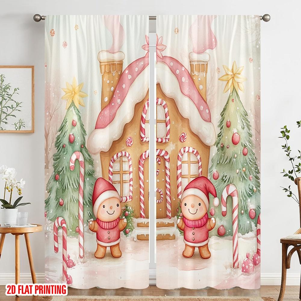 2pcs,2D Plane Printing Light Filtering Curtains Gingerbread House Candy Christmas Tree_a (2) Versatile Durable Polyester