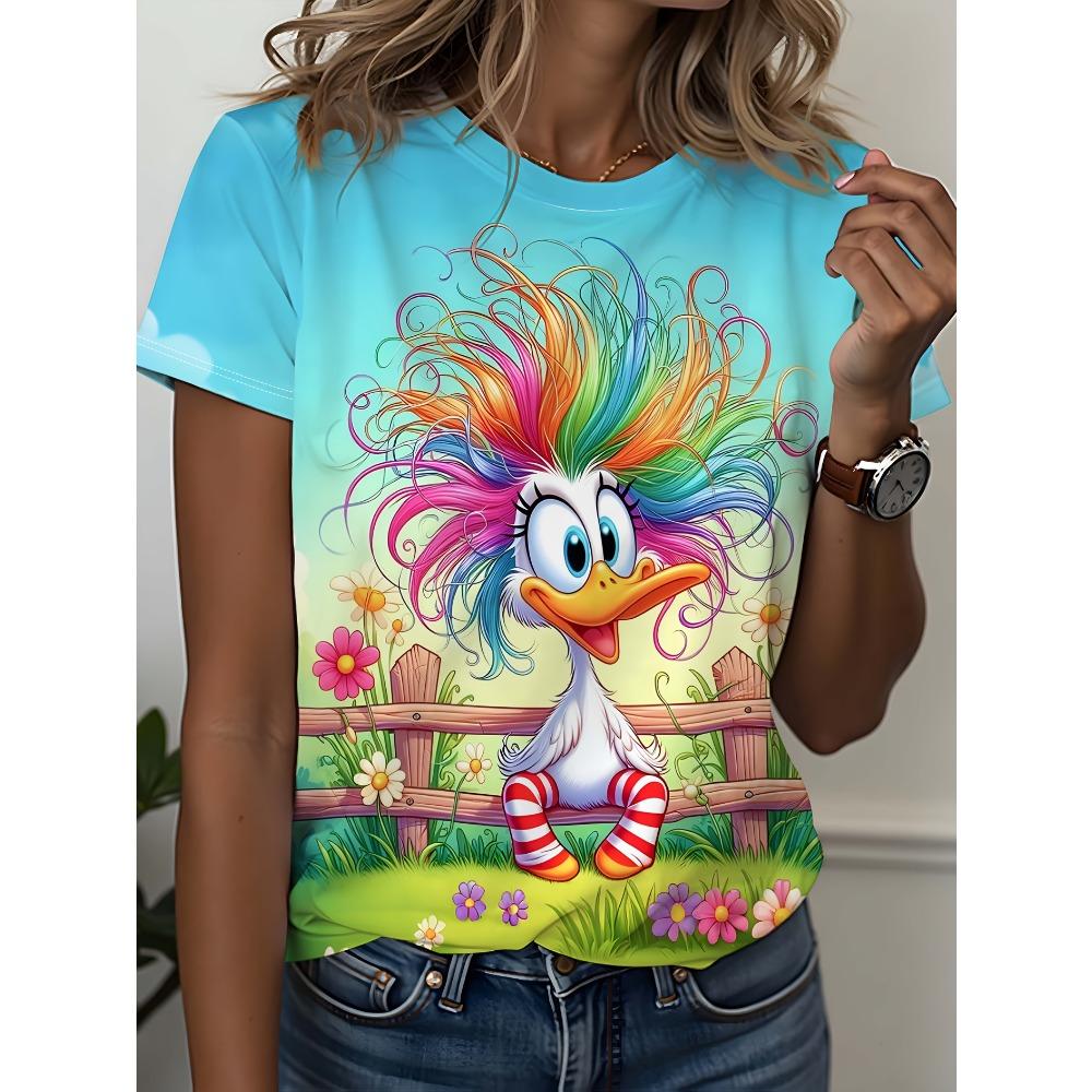 

Жіноча футболка з 3D-принтом - Зручна, з коротким рукавом, круглим вирізом, середня еластичність, повсякденний топ для весни, дихаюча футболка, футболка з принтом, модний одяг XL