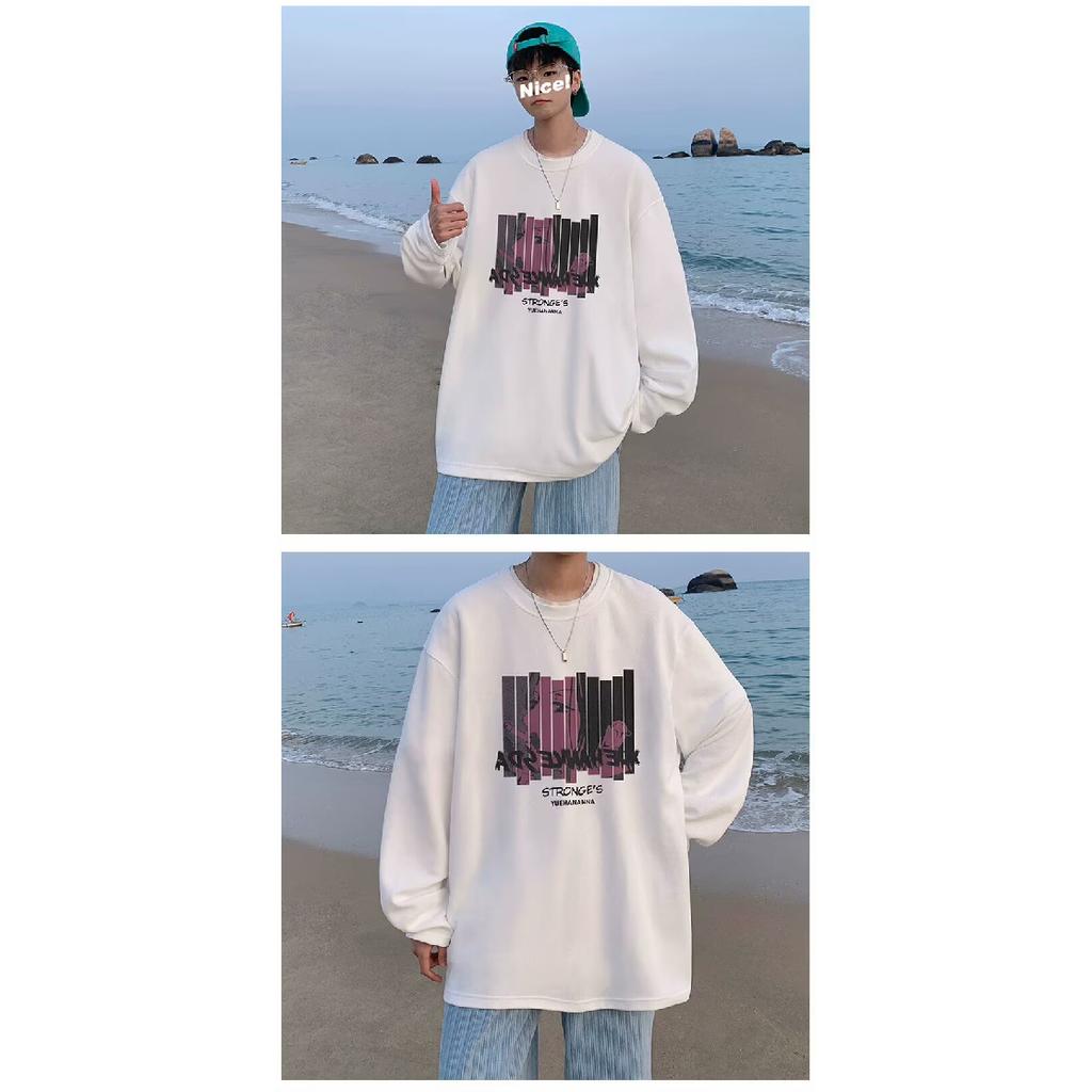 2024 Herren Langarm T-Shirt Herbst Unterhemd Langarm Baumwolle Herbst Hong Kong Stil Druck Lose Trendy Top