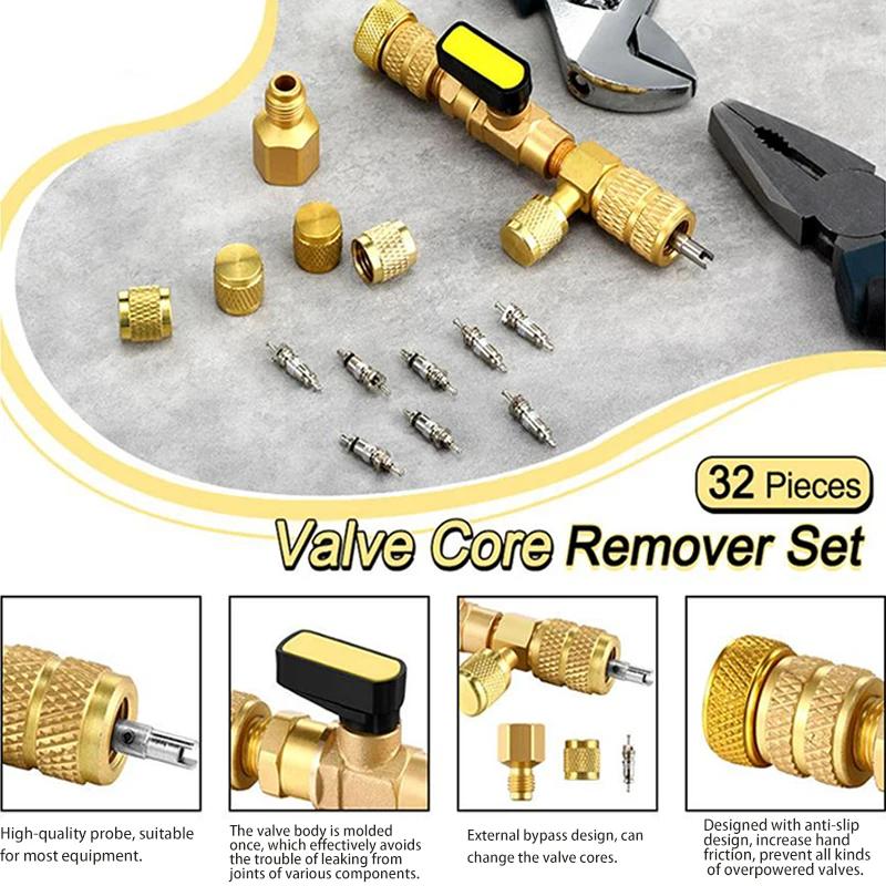 Valve Core Remover Installer Tool Kit with Dual Size 1/4 & 5/16 Port for with R22 R12 R407 R410 R404 R32 R600 HVAC System