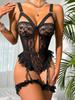 Naughty Sexy Lingerie Hot Mesh Embroidery Outfits Sexy Low Cut Bra with Thong Garters Belt Babydoll Sleepwear Ladies Exotic Sets