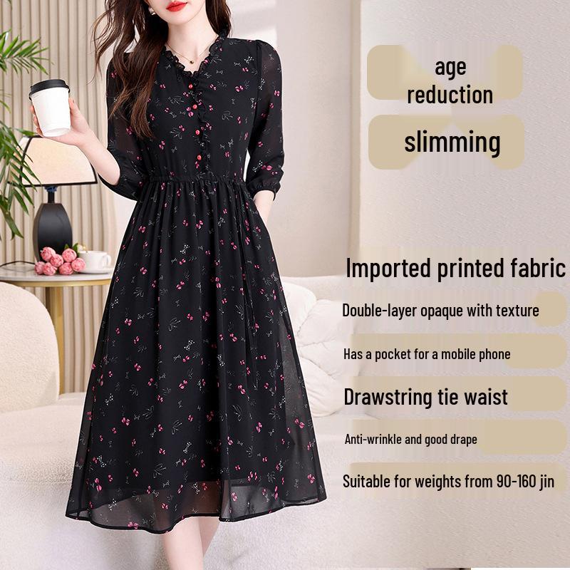 Floral Print Tie-Up Dress with Ruffle Lace for Mid-Age Moms - Long Sleeve, Over-the-Knee, Age-Reducing Design