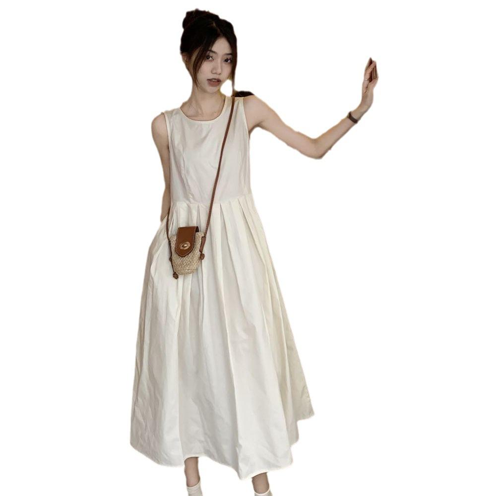 Summer new Korean women's clothing coffee break French white sleeveless dress small slim temperament vest long dress