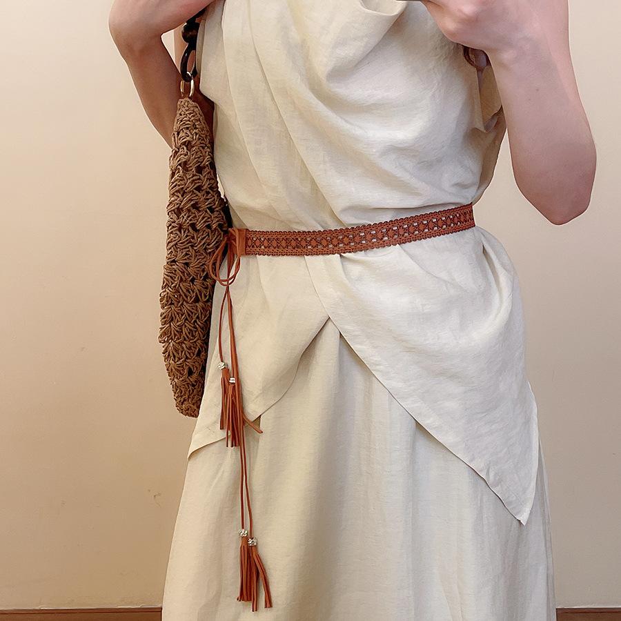 Ethnic Style Wax Rope Wood Bead Acrylic Woven Oval Waist Chain Temperament Belt Versatile Waist Jewelry