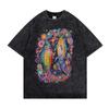 Vintage Washed Psychedelic Fish T-Shirt Colorful Artistic Graphic Tee Oversized Streetwear Hip Hop Casual Acid Wash Gray Top Men Daily Wear Cool Top