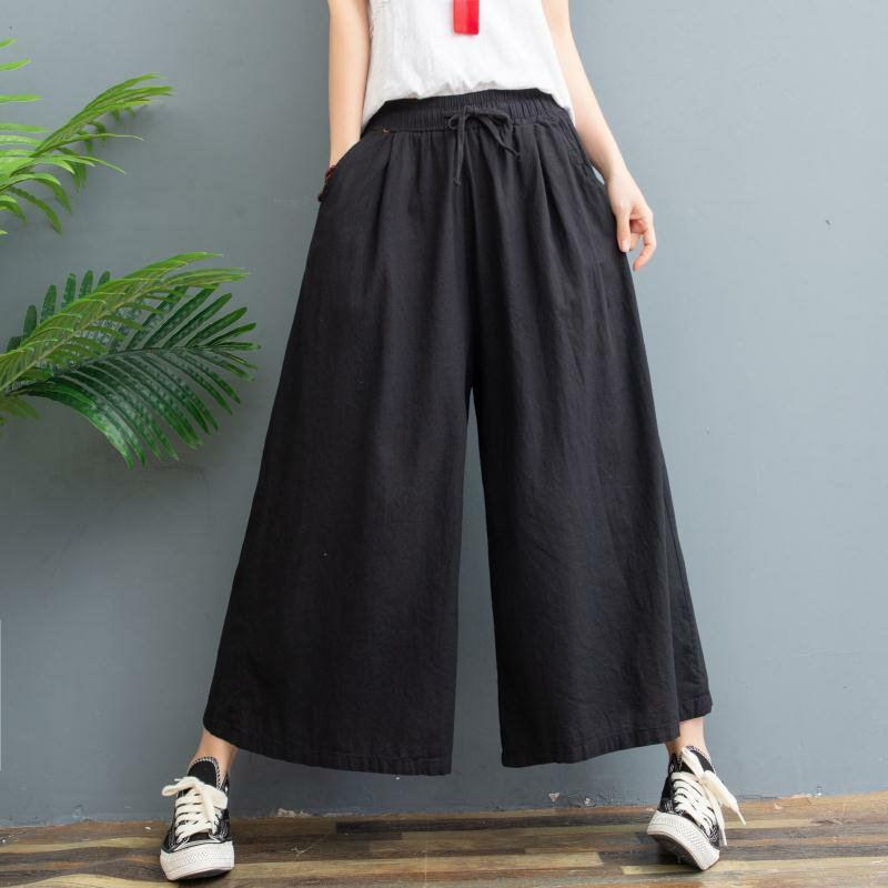 

Women Wide Leg Pants Trouser Pockets Loose Cotton Linen Women Solid Pants XXL чорний