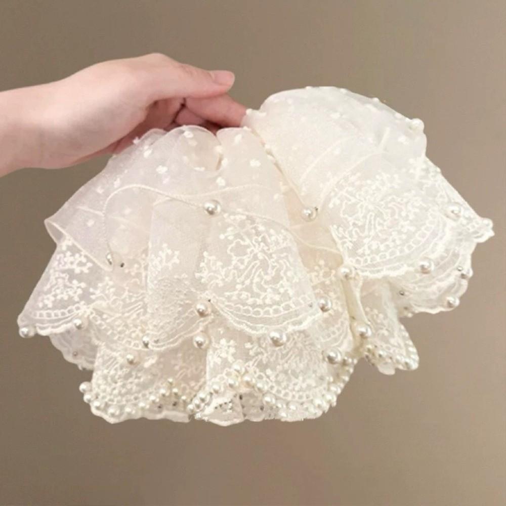 Elastic Pearl Lace Scrunchies Hair Bands Ponytail Holder Oversize Lace Hair Ties for Meatball Head
