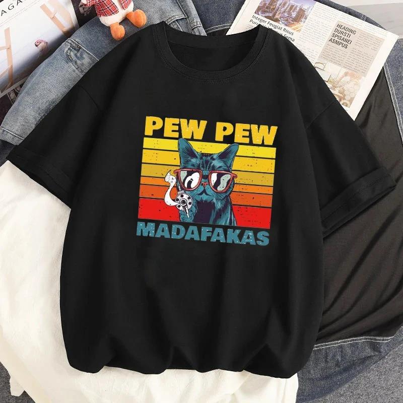 Fun Retro Pew Madafakas Cat Printed Cotton T-shirt for Women's Casual O-neck T-shirt for Summer Street Wear Harajuku T-shirt Top
