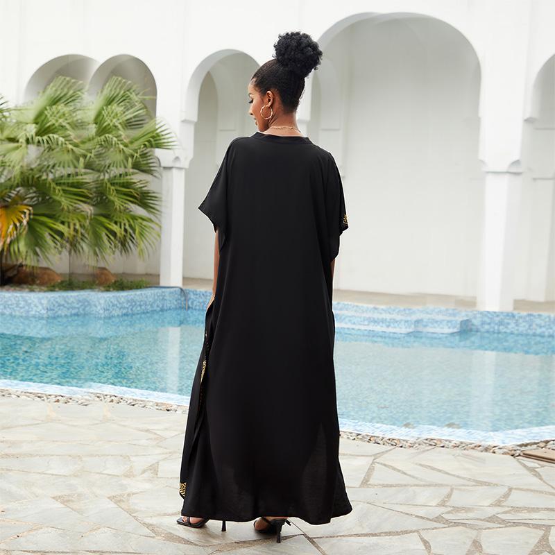 EDOLYNSA Vestido playero bohemio negro con cuello de pico para mujer, Túnica larga, caftán Sexy, ropa de playa de talla grande, traje de baño Q1545 2024