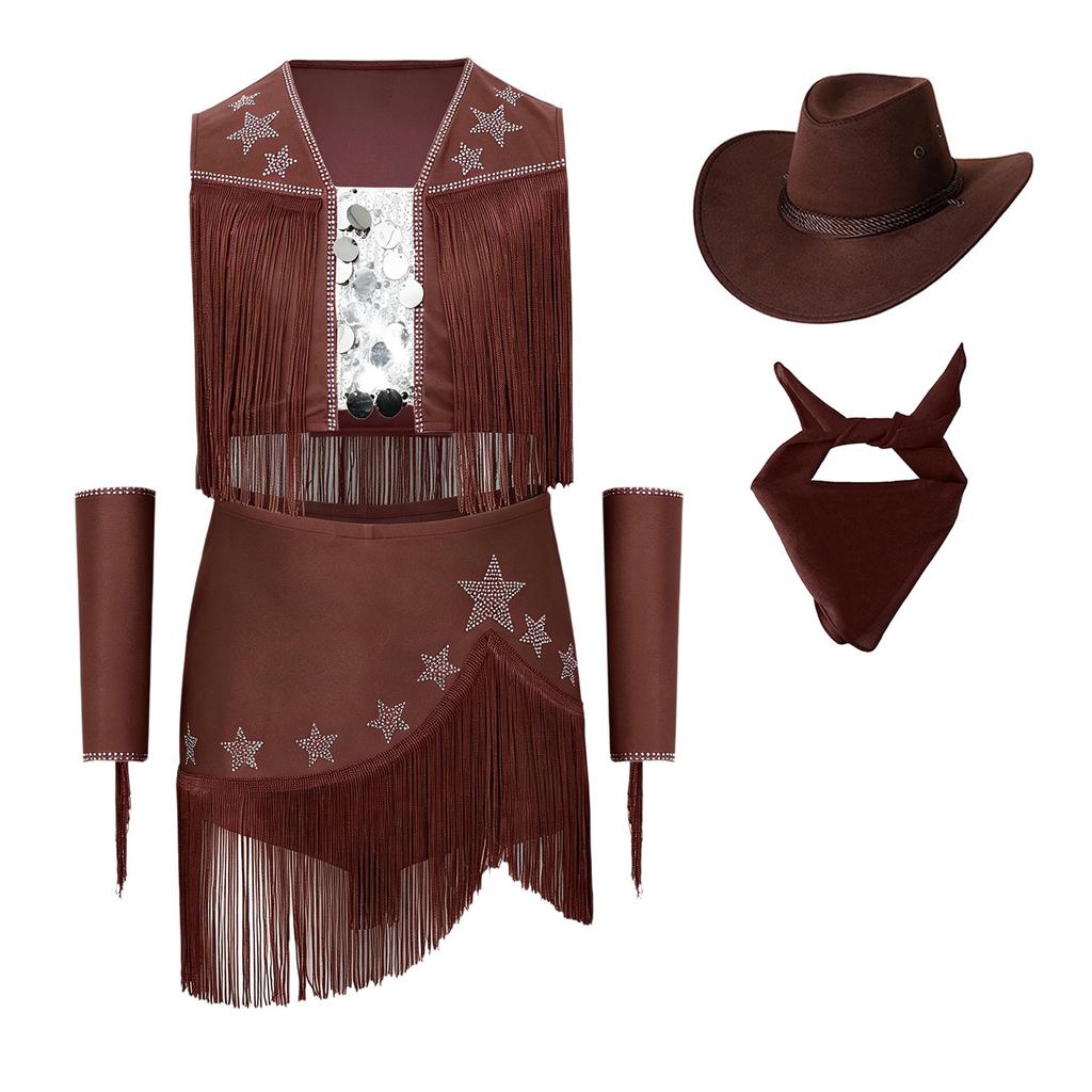 Costume da Cowgirl per Bambine Senza Maniche con Paillettes Strass Frange, Gonna Elastica, Guanti, Cappello, Fazzoletto, Danza Latina, Esibizione sul Palco, Competizione