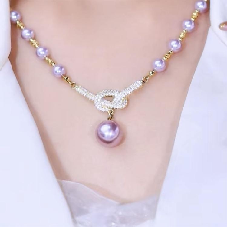 Crystal Studded Adjustable Pearls Necklace for Women Allergy Resistant Jewelry with Knot Detailing Evening Wear