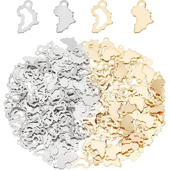 

DICOSMETIC 200 шт. 2 стиля Шармы в виде карты Африки Полые подвески в виде карты мира Шармы в виде сердца из нержавеющей стали и золотого цвета Подвески для ожерелья в форме маленькой волны