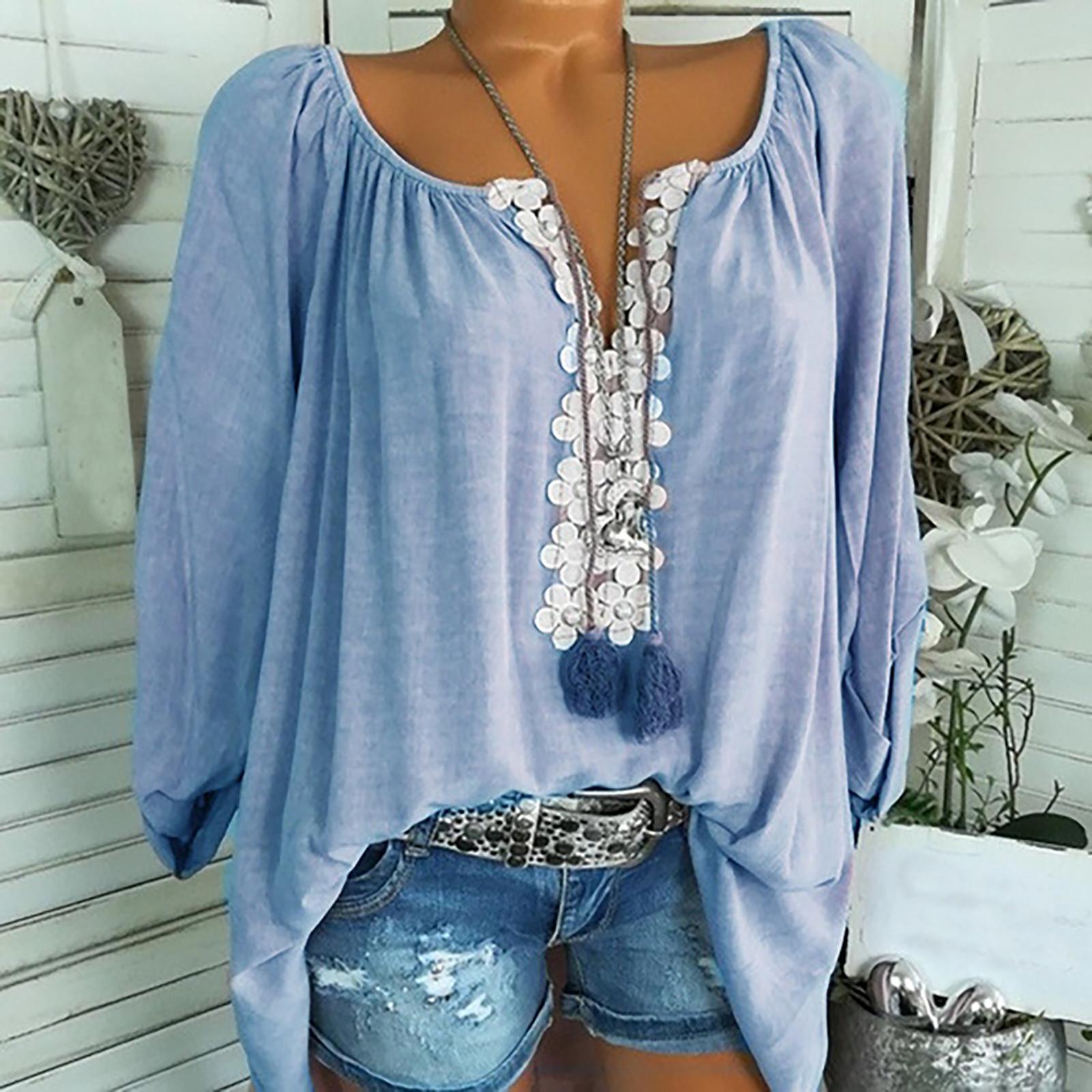 

Women Summer Casual Fashion O-neck Long Sleeve Top Blouse T-Shirt XXXXL синий