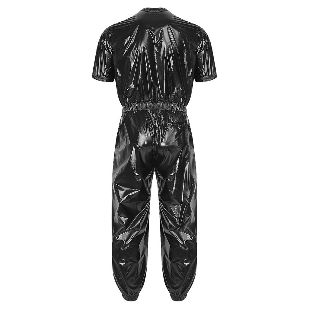 Men Waterproof One Piece Jumpsuit Short Sleeve Front Zipper Elastic Waist Side Pockets Jogging Pants Raincoat Sauna Tracksuit for Outdoor Running