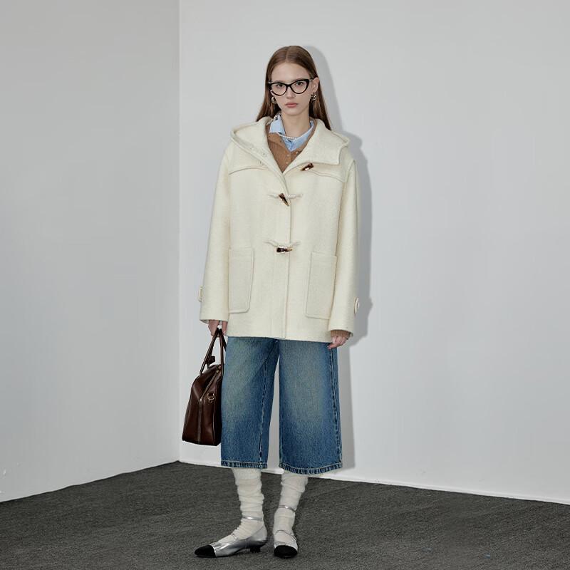 GREEN BELT Women's Hooded Toggle Wool Blend Mid-length Coat