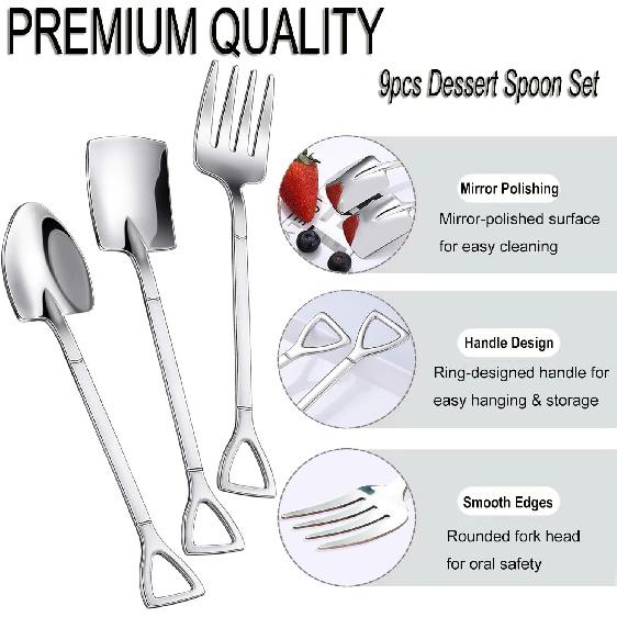 9 Pcs Silver Mini Shovel Spoons and Fork Set for Desserts Include 3 Shovel Shape 3 Pointed 3 Stainless Steel Fork Ice Cream Spoons for Home Party