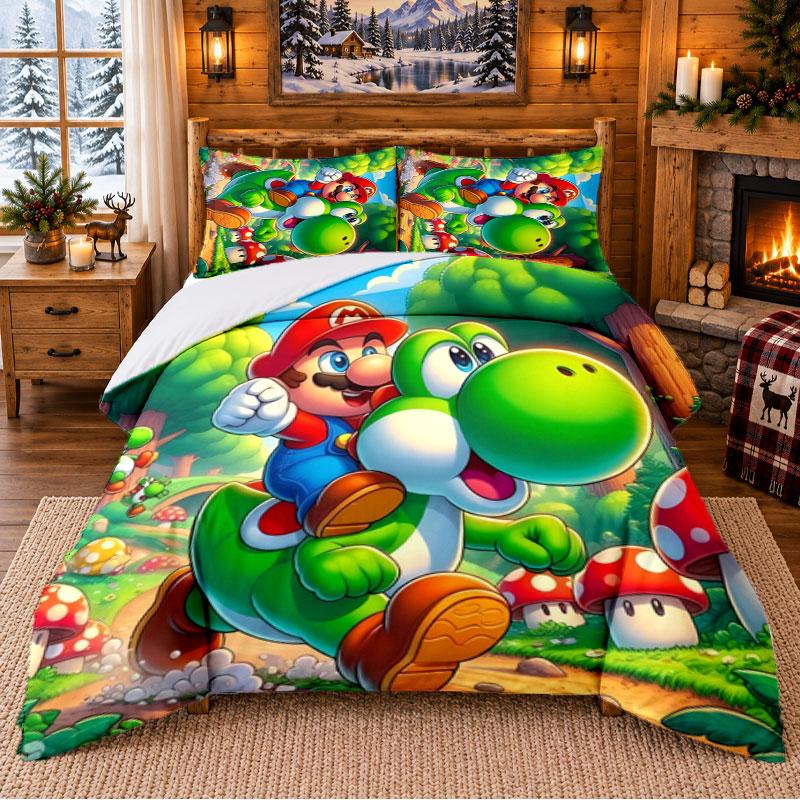 Super Mario Pattern Bedding 3Pcs Set Bed Sheet And Pillowcases For Indoor Bedroom
