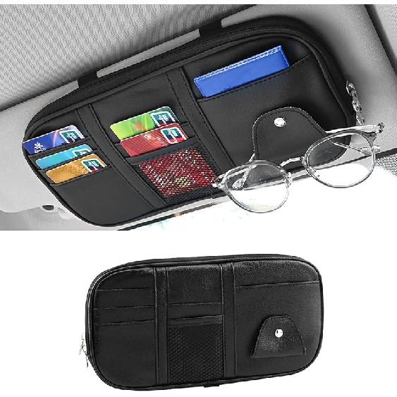 Car Sun Visor Organizer, Multi-Pocket PU Leather Sunglass Holder And Storage Pocket With Net Zipper, Card Sleeve Pocket Organizer, Auto Interior