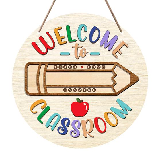 huaqianguhh Wooden Welcome Sign for Classroom Door, to Our Round Hanger, Front Door Hanging Sign, Back School Preschool Decoration