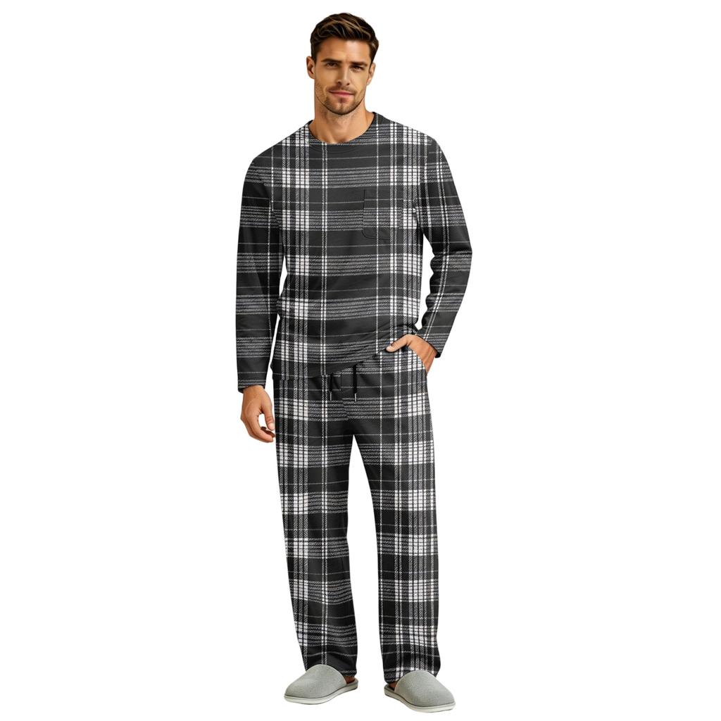 Men's Long Sleeve Pajama Set with Button Crotch and Elastic Drawstring Waist for Home Comfort