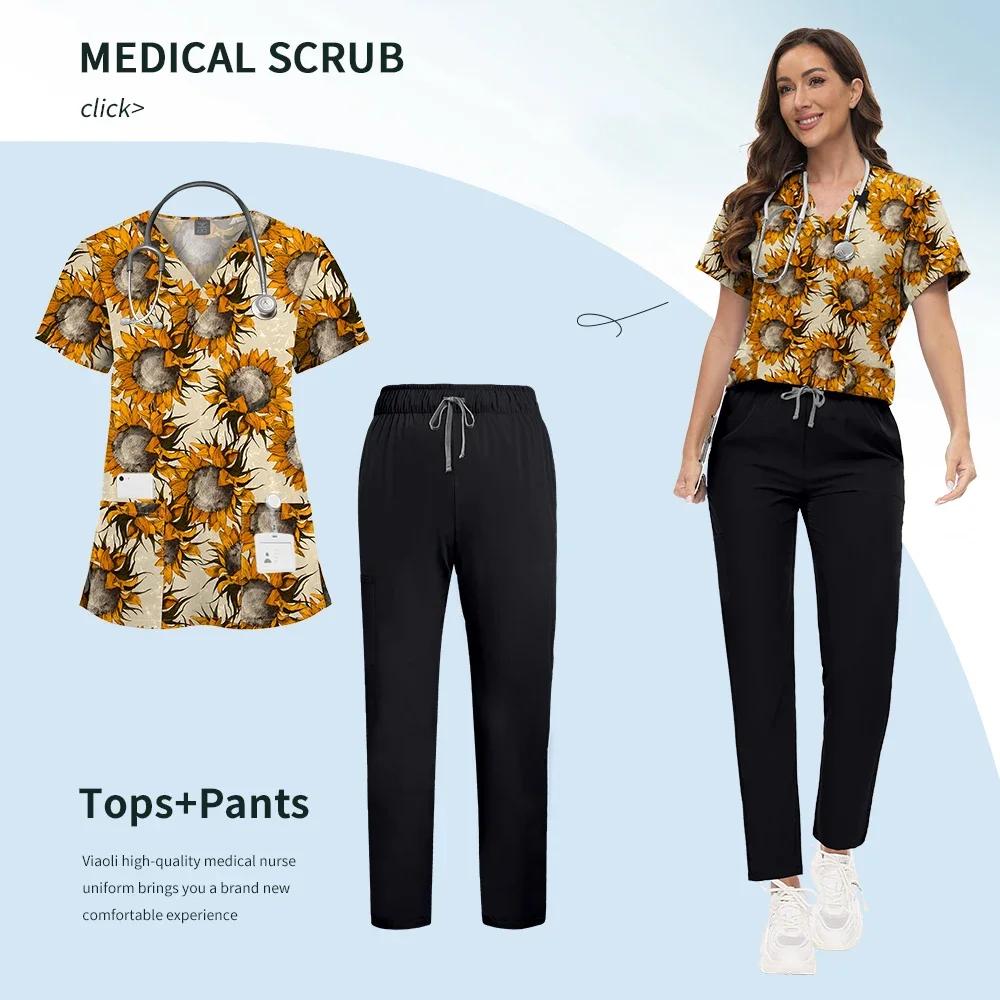 Printed Scrub Uniform Set V Neck Short Sleeves Pockets Top Medical Soft Scrub Pants Sets Nurse Surgical Uniforms Woman