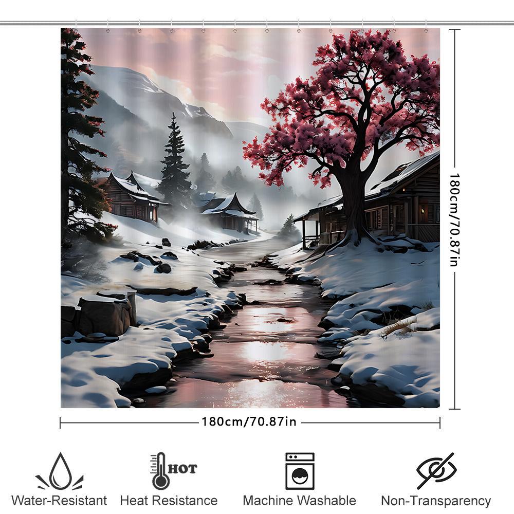 

Snowy Landscape Shower Curtain With Cherry Blossom Tree And Traditional Houses Watercolor Painting Style Waterproof And Durable W60H190(CM)-1 Pcs