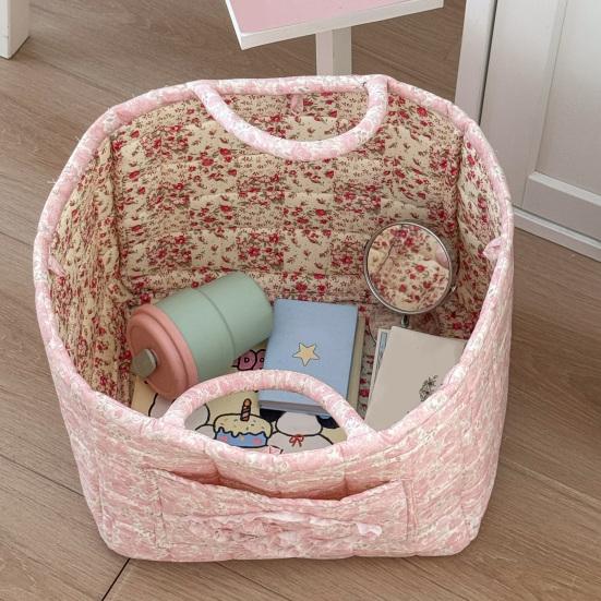 Boho Fabric Laundry Basket Floral Print Quilted Storage Basket Portable Folding Basket Bag with Handles for Home Clothes And Sundries