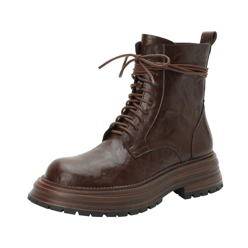 Hand-grabbing Retro Thick-soled Martin Boots Lace-up Short Boots for Women's Spring and Autumn Single Boots Exquisite British Style Thick
