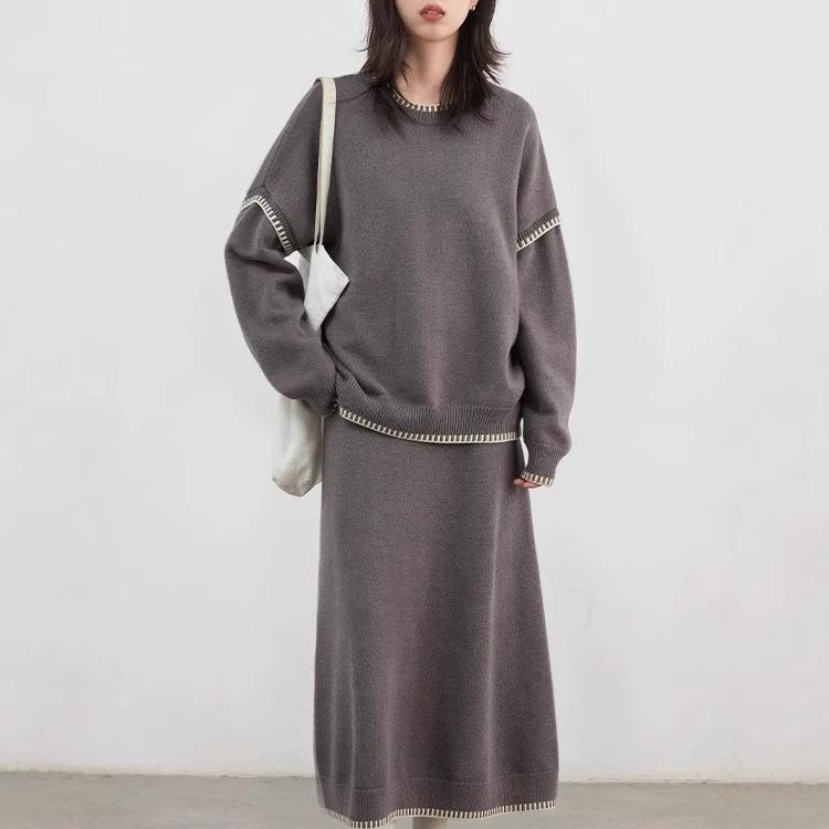 "Free To Go" Winter Lazy Round Neck Contrast Edge Sweater & Skirt Set