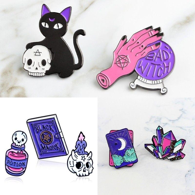 Premium Quality Enamel Brooch Featuring Witch Tools Skull Cat For Halloween