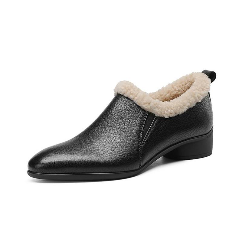 Mode Neue Herbst Winter Echtes Leder Damen Pumps Schuhe für Damen Mode Runde Zehen Warme Fellschuhe Zaptos Mujer Woll-Slipper Damen