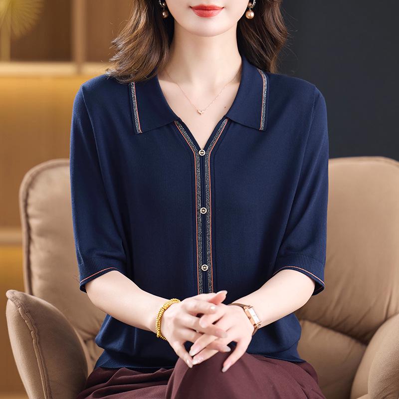 

Mom s Autumn Ice Silk Knit Top: Stylish Mid-Sleeve Design with Lapel and Hot Drill Details, Perfect for Middle-Aged Women. 4XL (135-150 lbs)