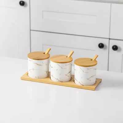 Kitchen seasoning tools ceramic seasoning jar set marble pattern cruet bamboo tray kitchen supplies seasoning box salt shaker